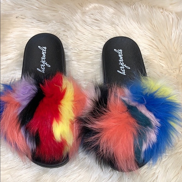 rainbow fur sandals